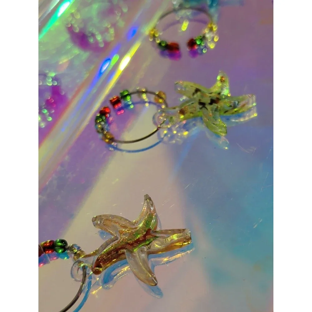 Vintage Glass Starfish Wine Glass Charms Set of 6 Multicolor Coastal Beaded